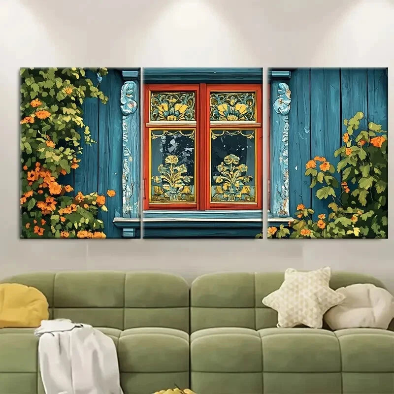 3pcs Painted Estonian Wooden Window Illustration Metal Print Ready to Hang Art