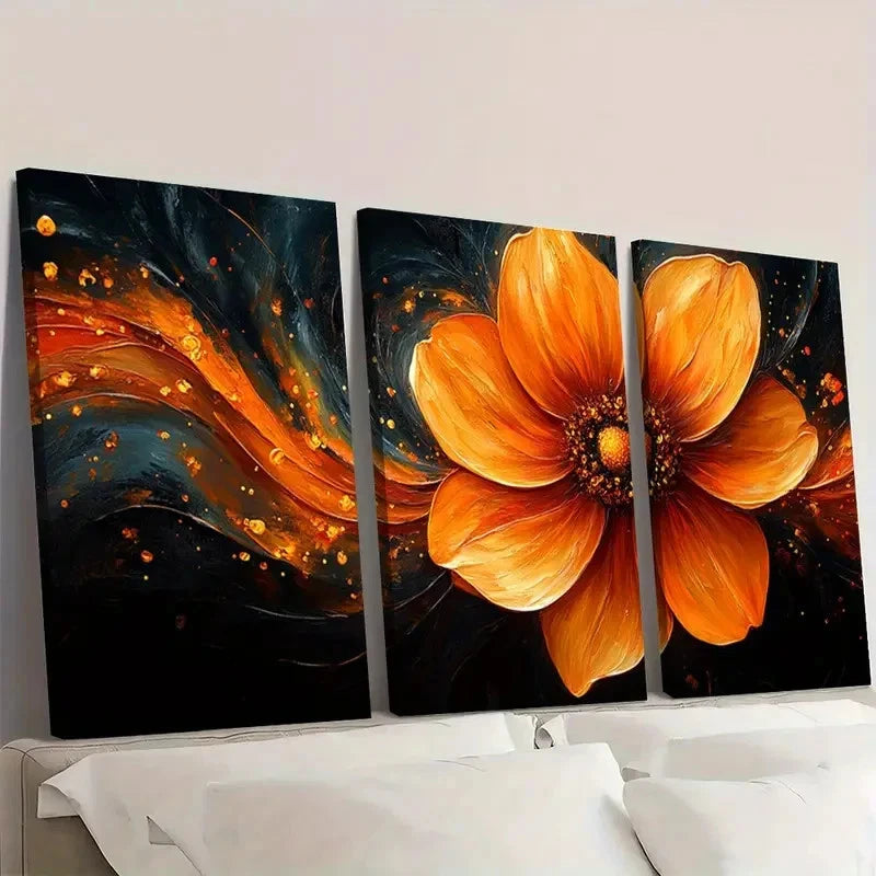 3pcs  Orange Flower Painting QW   Wall Art Set Canvas Framed 50x70cm - High Quality Print 100% Australian Made Wall Canvas Ready to Hang