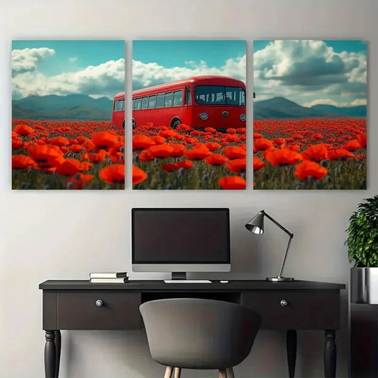 3pcs Vintage Red Bus in Poppy Meadow Field Metal Print Ready to Hang Art