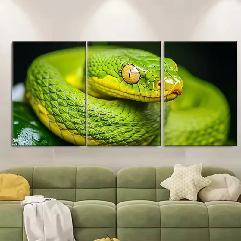 3pcs Striking Green Snake Close Up Metal Print Ready to Hang Art