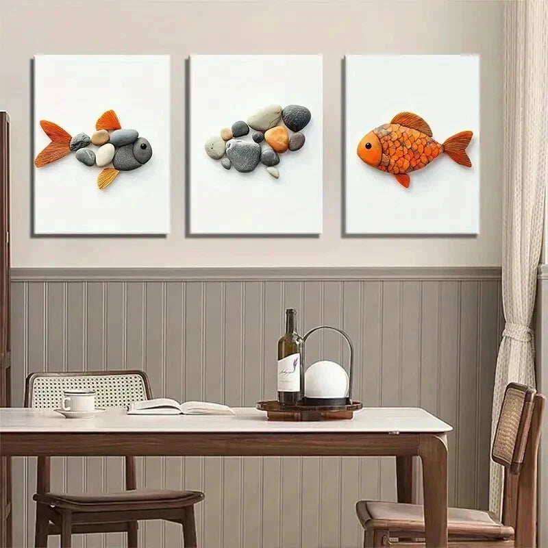 3pcs Pebble Art Fish Unique Stone Perfect Wall Art Set Canvas Framed 40x60cm - High Quality Print 100% Australian Made Wall Canvas Ready to Hang