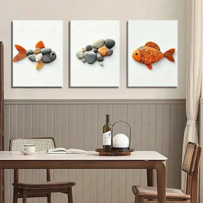 3pcs Pebble Art Fish Unique Stone Perfect Wall Art Set Canvas Framed 40x60cm - High Quality Print 100% Australian Made Wall Canvas Ready to Hang