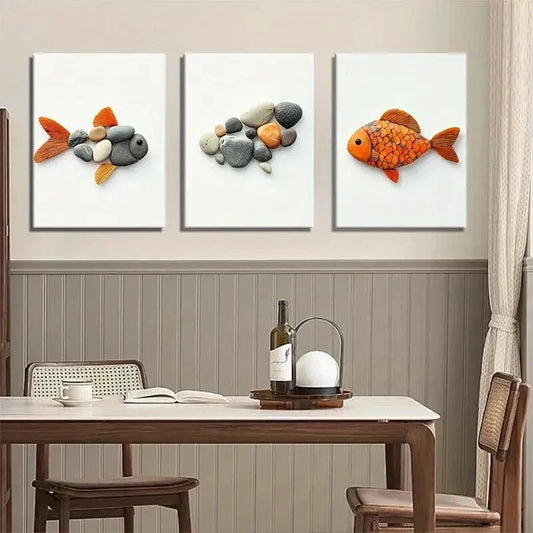 3pcs Pebble Art Fish Unique Stone Perfect Wall Art Set Canvas Framed 40x60cm - High Quality Print 100% Australian Made Wall Canvas Ready to Hang