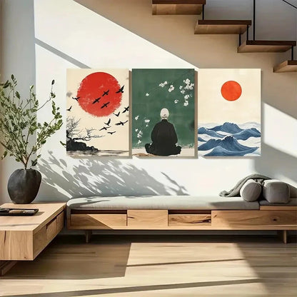 3pcs Minimalist Japanese Style Meditation Red Sun Metal Print Ready to Hang Art