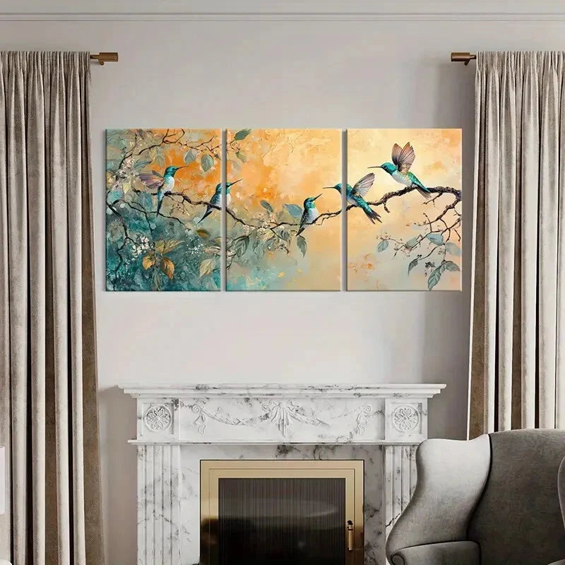 3pcs Hummingbird Floral Abstract Art Vintage Metal Print Ready to Hang Art