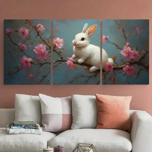 3pcs White Bunny on Branch with Pink Florals Metal Print Ready to Hang Art