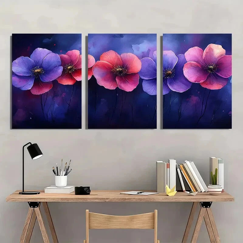3pcs Vibrant Purple & Pink Floral Abstract Metal Print Ready to Hang Art