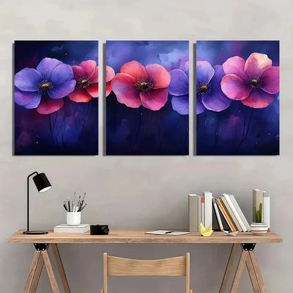 3pcs Vibrant Purple & Pink Floral Abstract Metal Print Ready to Hang Art