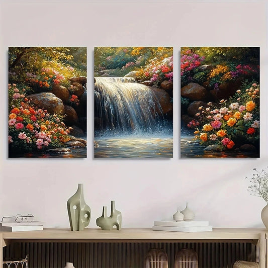 3pcs Sunlit Waterfall Vibrant Floral & Greenery Metal Print Ready to Hang Art