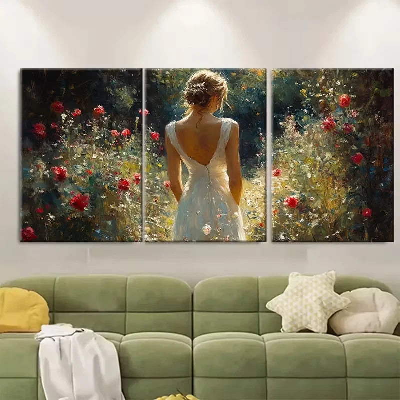 3pcs Elegant Woman Classic White Dress in Garden Metal Print Ready to Hang Art
