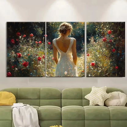 3pcs Elegant Woman Classic White Dress in Garden Metal Print Ready to Hang Art