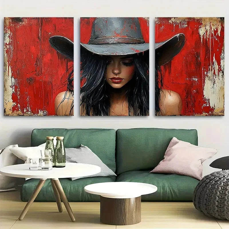 3pcs Western Woman in Hat with Black Hair Metal Print Ready to Hang Art