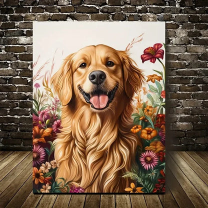 Golden Retriever Floral Vibrant Flowers Painting 40x60cm Metal Print Ready to Hang