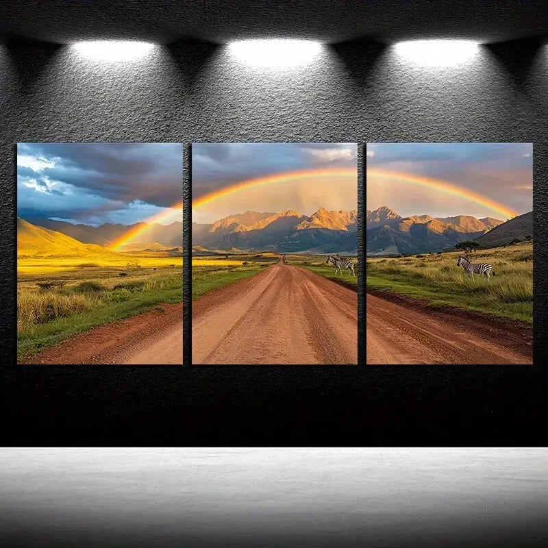 3pcs Zebra Under Sunset Rainbow, Vibrant Nature Metal Print Ready to Hang Art