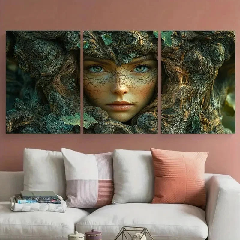 3pcs Lady Face of the Tree Illustration Metal Print Ready to Hang Art