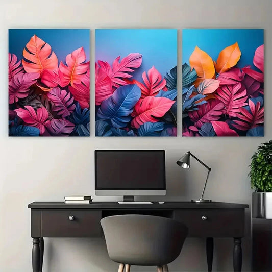 3pcs Exotic Leaves Blue Pink Gradient Background Metal Print Ready to Hang Art