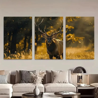 3pcs Majestic Elk in Sunlit Forest Wall Art Metal Print Ready to Hang Art