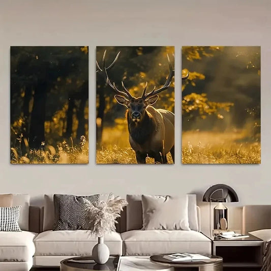3pcs Majestic Elk in Sunlit Forest Wall Art Metal Print Ready to Hang Art
