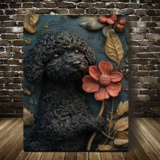 Black Cockapoo Dog Surrounded by Heart Painting 40x60cm Metal Print Ready to Hang