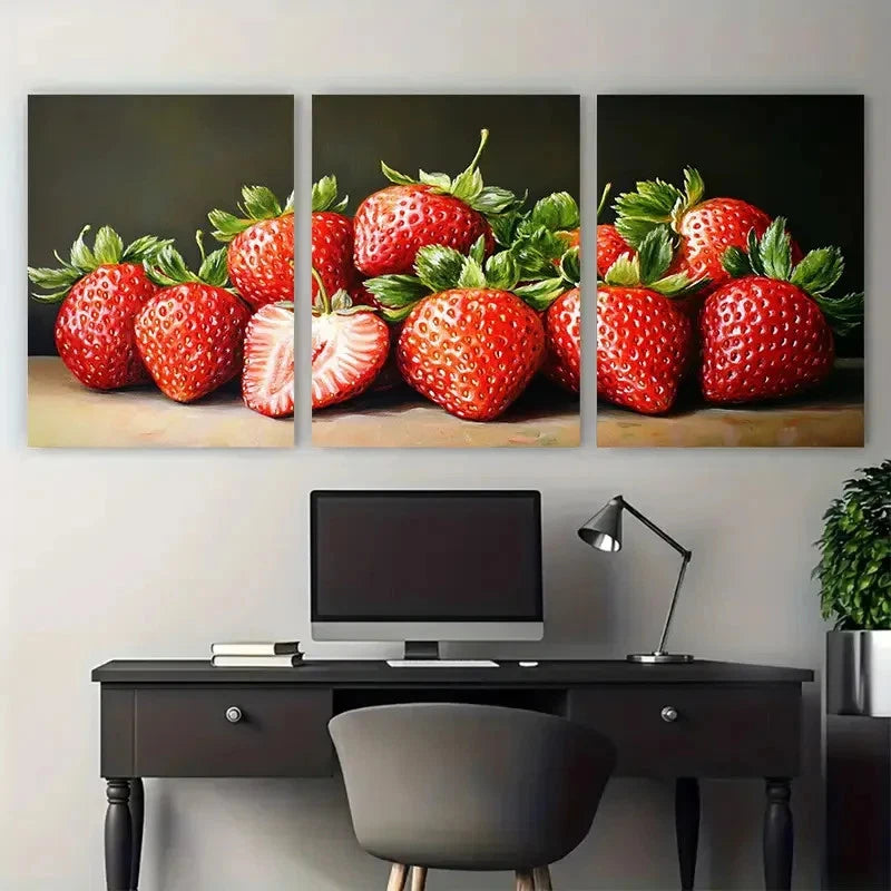 3pcs Strawberry Still Life Realistic Fruit Metal Print Ready to Hang Art