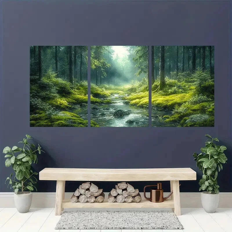 3pcs Dark Misty Woodland Scene with Sunlight Metal Print Ready to Hang Art