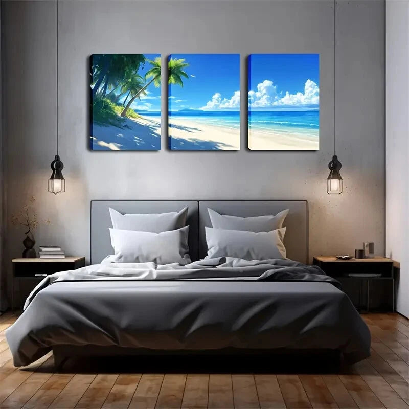 3pcs Tropical Beach & Palm Tree Horizon Perfect Wall Art Set Canvas Framed 40x60cm - High Quality Print 100% Australian Made Wall Canvas Ready to Hang