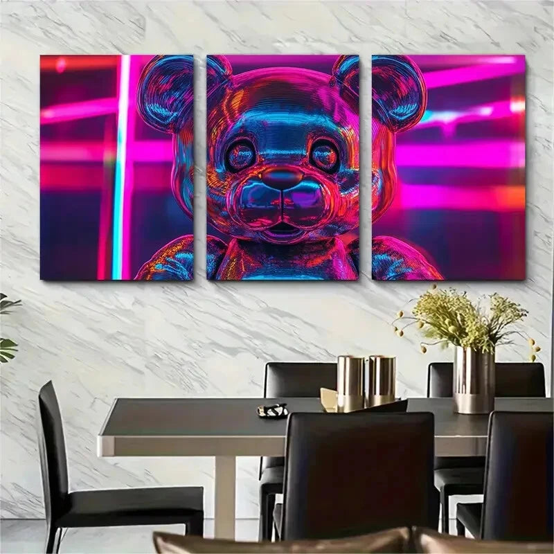 3pcs Metallic Teddy Bear Vibrant Chrome Metal Print Ready to Hang Art