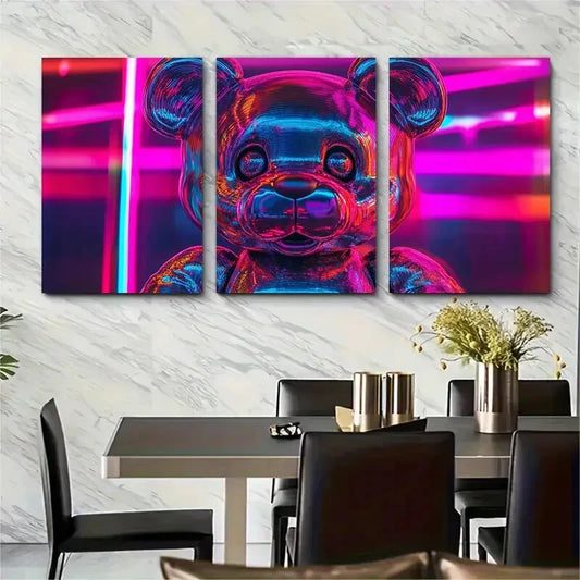 3pcs Metallic Teddy Bear Vibrant Chrome Metal Print Ready to Hang Art