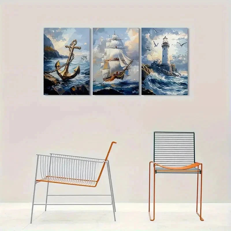3pcs Marine Nautical Lighthouse Ship Metal Print Ready to Hang Art
