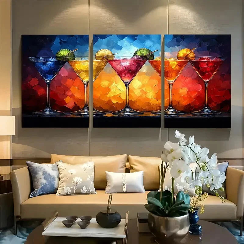 3pcs Vibrant Martini Abstract Modern Cocktail Metal Print Ready to Hang Art