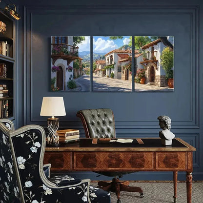 3pcs Mediterranean Village Mountains Gardens Metal Print Ready to Hang Art