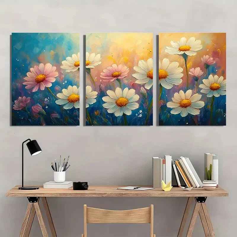 3pcs Vibrant Wildflower Designs in Blue Yellow Metal Print Ready to Hang Art