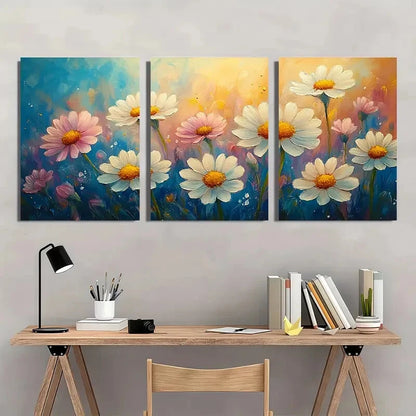 3pcs Vibrant Wildflower Designs in Blue Yellow Metal Print Ready to Hang Art