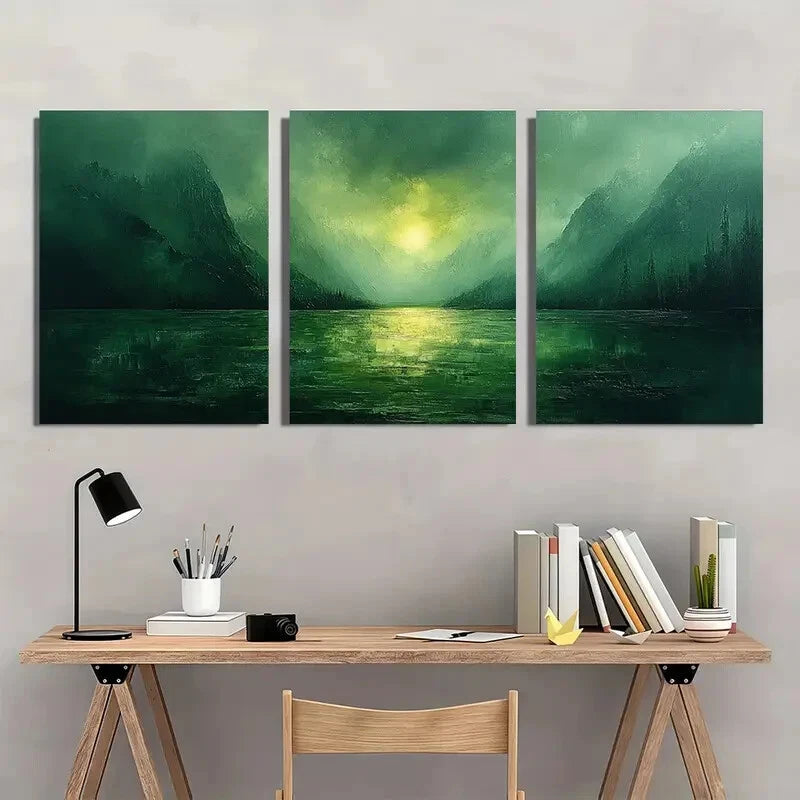 3pcs Abstract Green Mountain Landscape Art Metal Print Ready to Hang Art