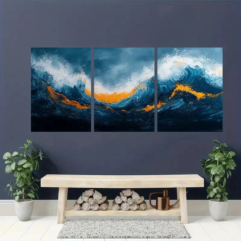 3pcs Teal Blue & White Ochre Giclee Wall Art Metal Print Ready to Hang Art