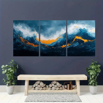 3pcs Teal Blue & White Ochre Giclee Wall Art Metal Print Ready to Hang Art