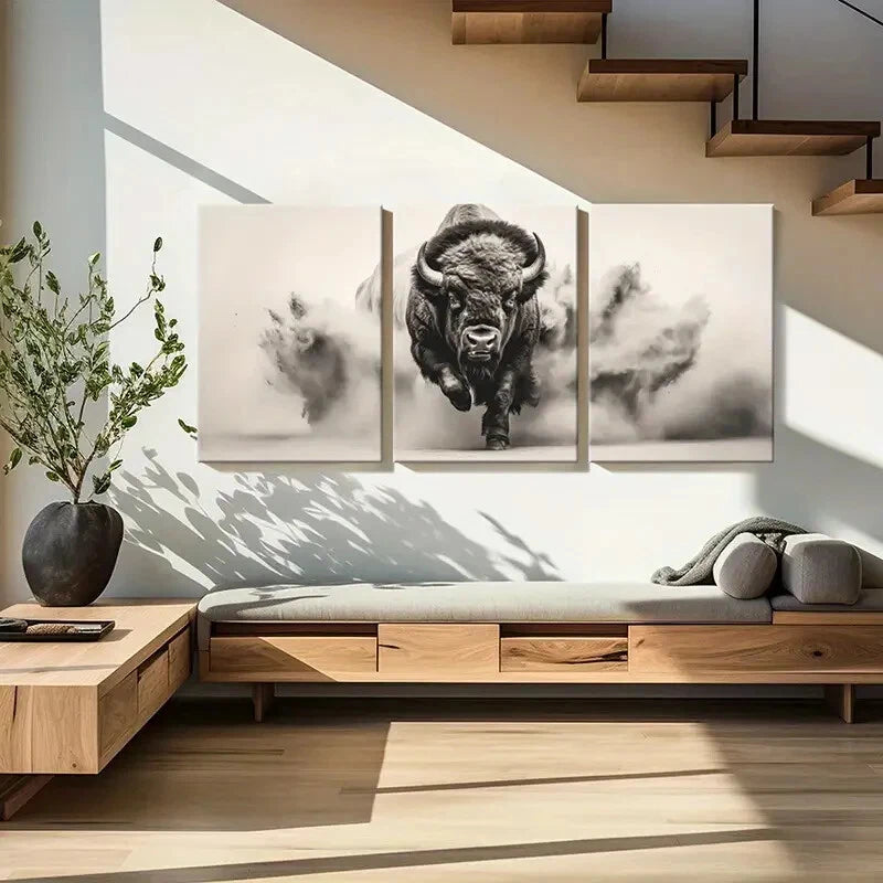 3pcs Powerful Bison Wildlife Art Monochrome Art Metal Print Ready to Hang Art