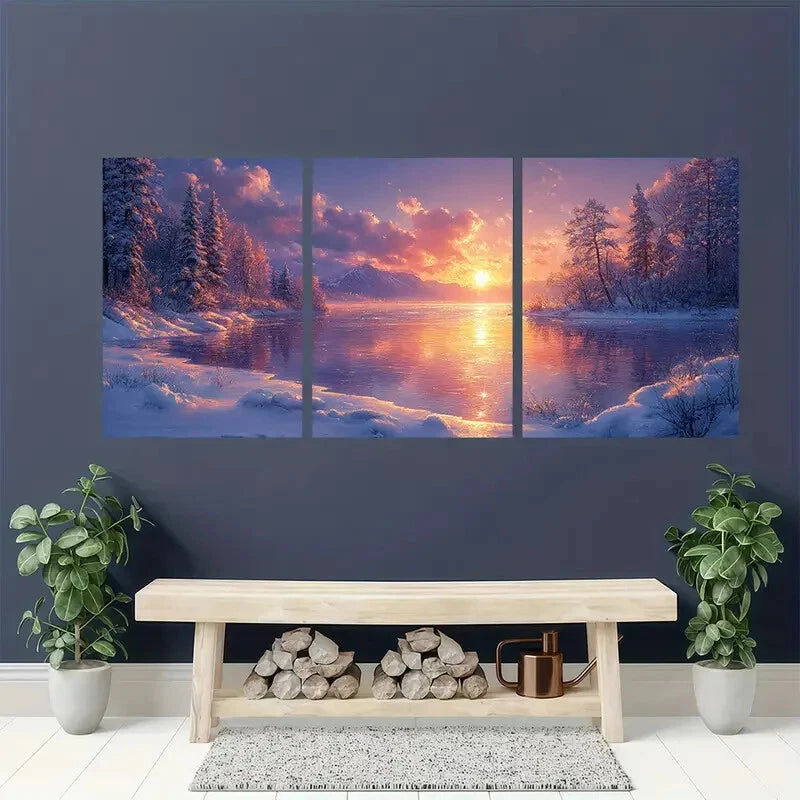 3pcs Serene Frozen Lake & Snowy Forest Scenery Metal Print Ready to Hang Art