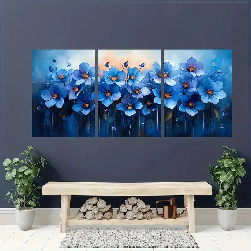 3pcs Bluebell Painting Flowers Watercolor Metal Print Ready to Hang Art