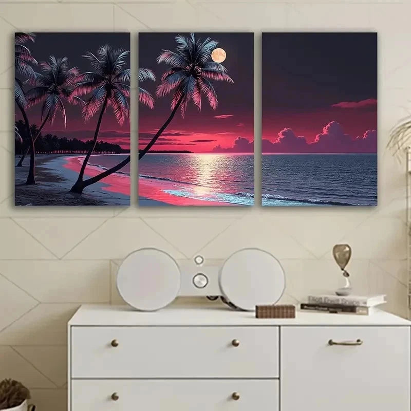 3pcs Full Moon Over The Beach Scene Wall Art Set Canvas Framed 60x90cm - High Quality Print 100% Australian Made Wall Canvas Ready to Hang