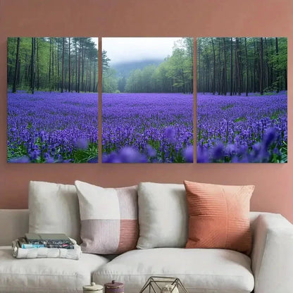 3pcs Blooming Meadows Forest of Purple Bluebells Wall Art Set Canvas Framed 50x70cm - High Quality Print 100% Australian Made Wall Canvas Ready to Hang
