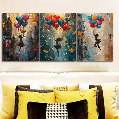 3pcs girl is flying on colorful balloons Wall Art Set Canvas Unframed - High Quality Print 100% Australian Made Wall Canvas - Bella Home Decor