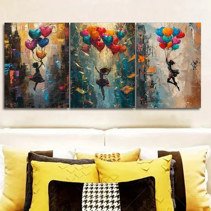 3pcs girl is flying on colorful balloons Wall Art Set Canvas Unframed - High Quality Print 100% Australian Made Wall Canvas - Bella Home Decor