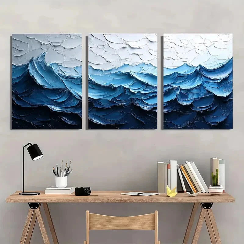 3pcs Original White Wave Texture Painting Metal Print Ready to Hang Art