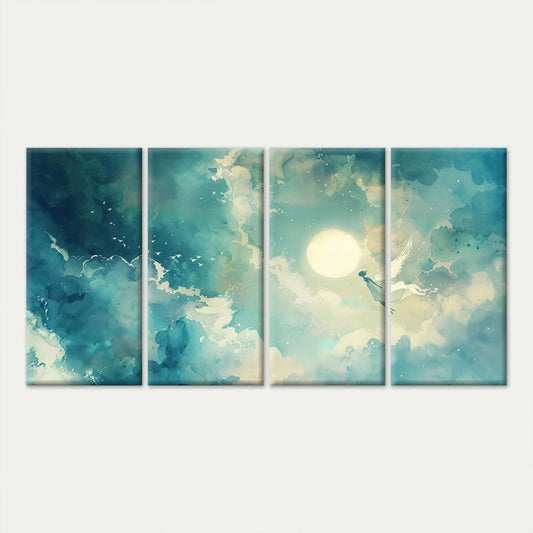 4pcs Minimalist Moonlit Fairy and Clouds Wall Art Canvas Framed 45x80cm - High Quality Print 100% Australian Made Wall Canvas Ready to Hang