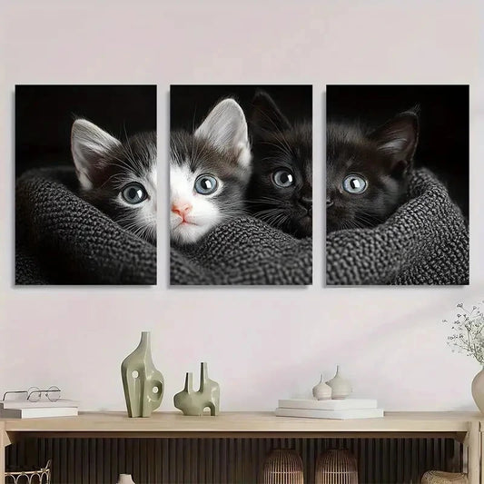 3pcs Style Cute Cat Black and White Metal Print Ready to Hang Art