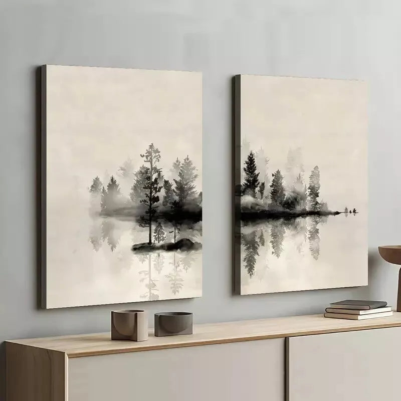 2pcs Abstract Trees And Lake Painting Framed 50x75cm - High Quality Print 100% Australian Made Wall Canvas Ready to Hang