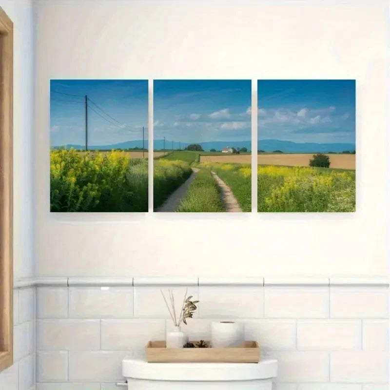 3pcs Serene Countryside Scene with Blue Sky Metal Print Ready to Hang Art