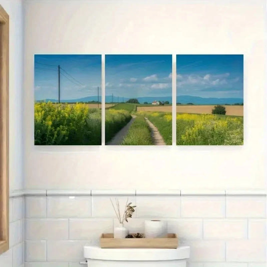 3pcs Serene Countryside Scene with Blue Sky Metal Print Ready to Hang Art