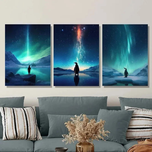 3pcs Penguins Under Northern Lights Metal Print Ready to Hang Art